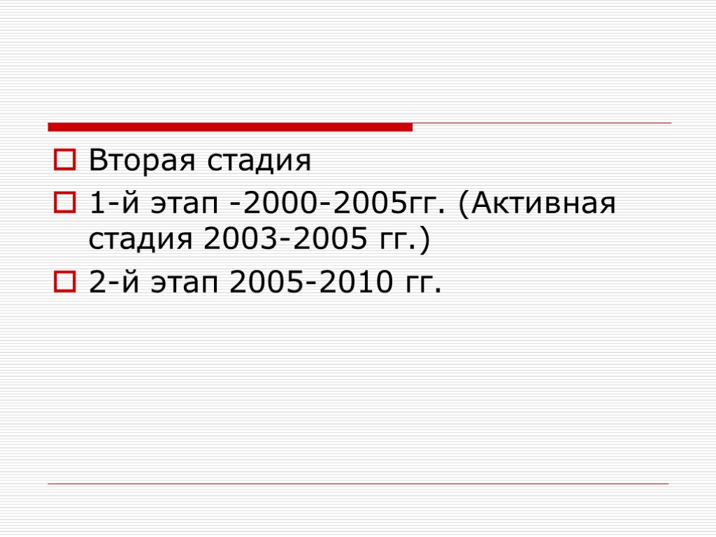 Вторая стадия 1-й этап -2000-2005гг. (Активная стадия 2003-2005 гг.) 2-й этап 2005-2010 гг.